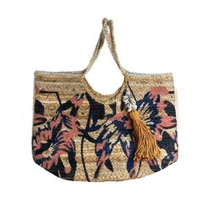Antik Kraft Mehar Tote Jute Straw Bag Floral Beach Summer Boho Multi Blush